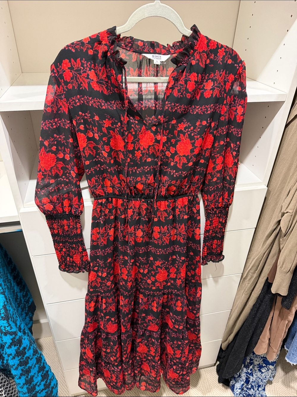 BB Dakota by Steve Madden Black and Red Floral Long-Sleeve Midi Dress